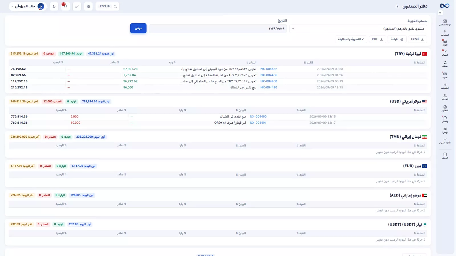 تقرير دفتر الصندوق في نكستو وفيه أول اليوم والوارد والصادر وآخر اليوم لكل عملة