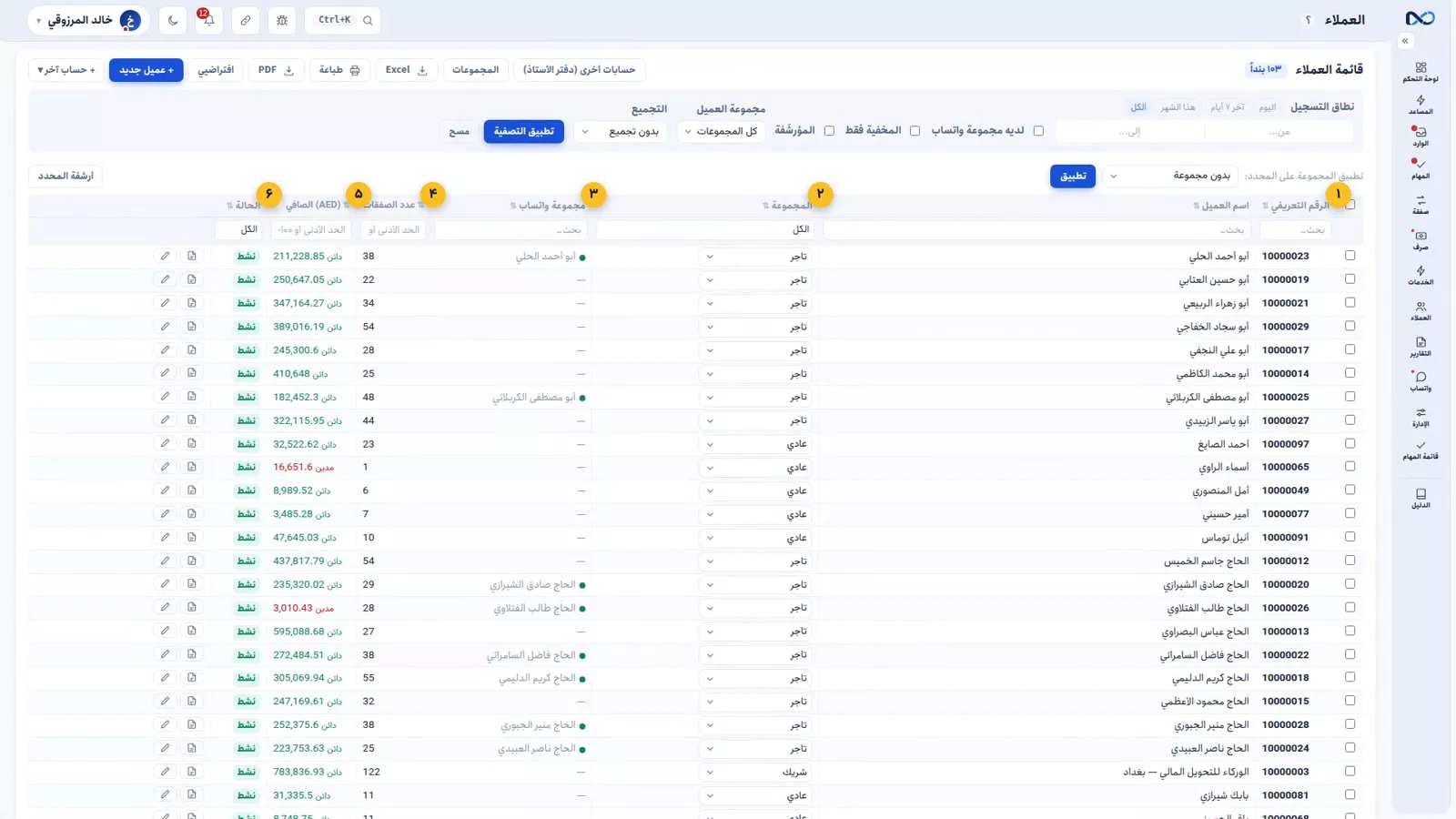 قائمة العملاء في نكستو وفيها الرقم التعريفي والمجموعة وعدد الصفقات وصافي الرصيد والحالة