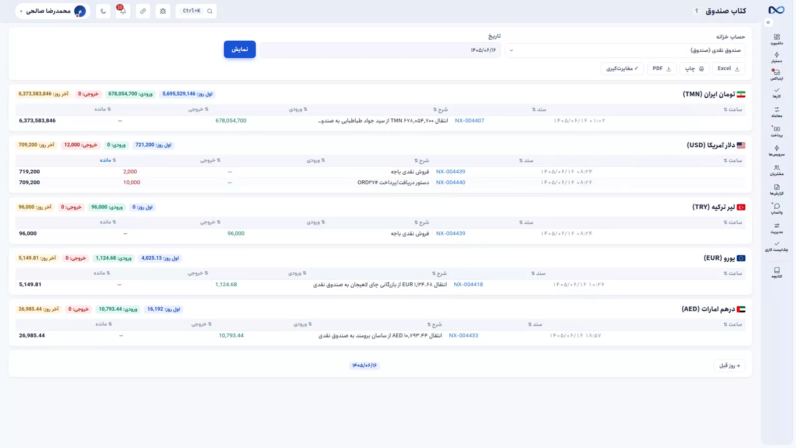 ڕاپۆرتی دەفتەری سندوق لە نێکستۆ بە ژمارەکانی سەرەتای ڕۆژ، هاتوو، چووە و کۆتایی ڕۆژ بۆ هەر دراوێک
