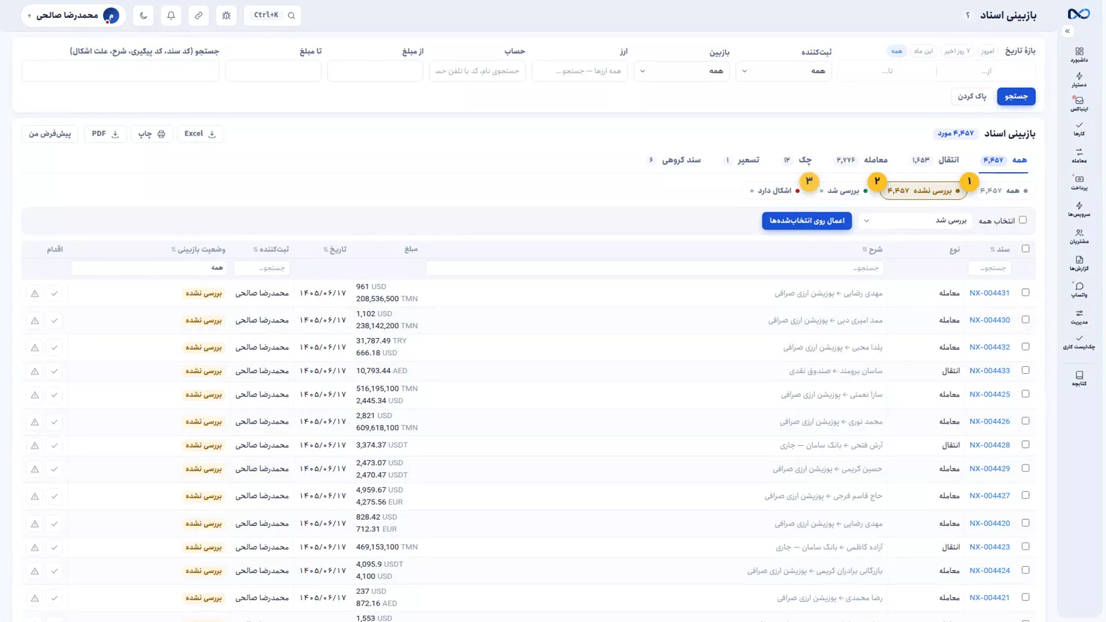 پەڕەی پێداچوونەوەی بەڵگەی نێکستۆ کە بەڵگەکان وەک پێداچوونەوە نەکراو، پێداچوونەوەکراو یان کێشەدار لیست دەکات