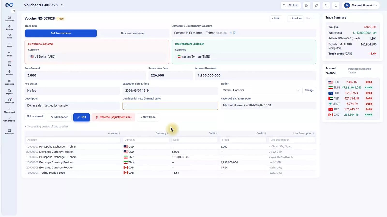 Nexto voucher accounting entries with four lines, two for the customer and two for the currency position
