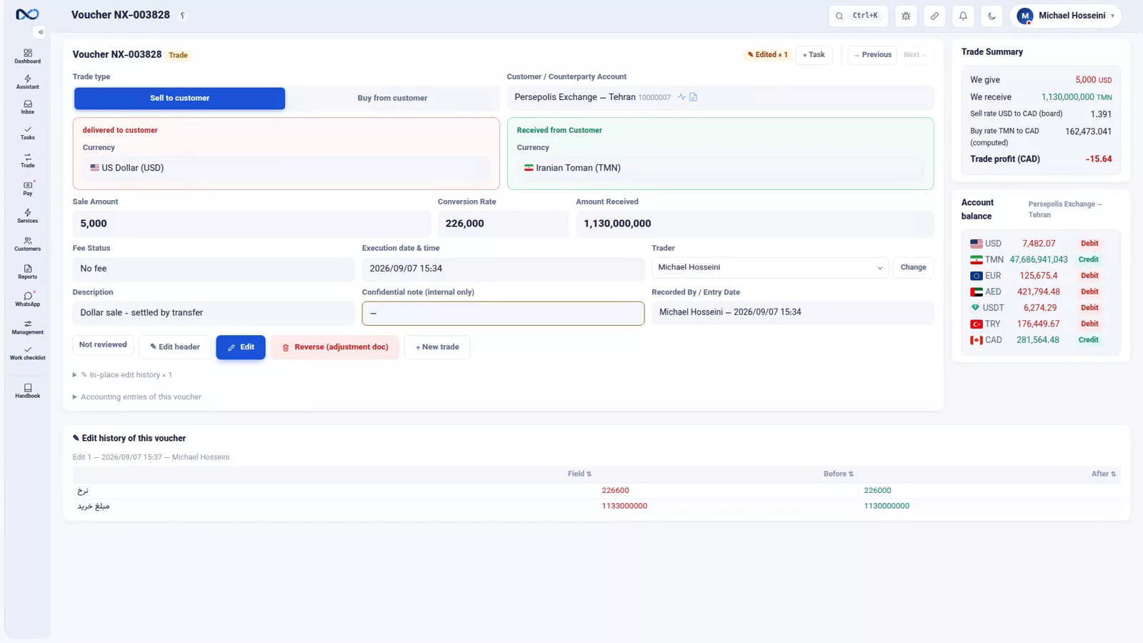 Nexto voucher marked as edited with the change history showing field, old value, new value, user and time