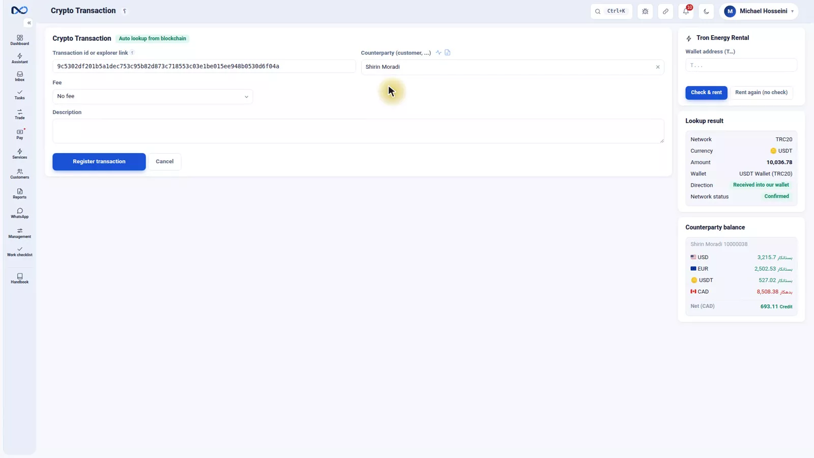 Nexto crypto lookup result showing network, currency, amount, direction and the matched USDT Wallet