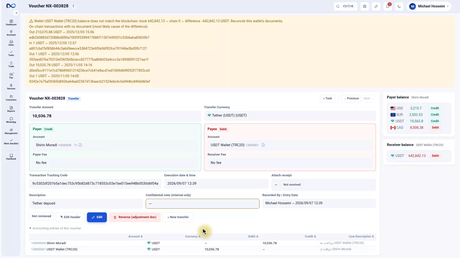 Nexto wallet reconciliation warning comparing ledger balance with the blockchain balance and listing missing hashes