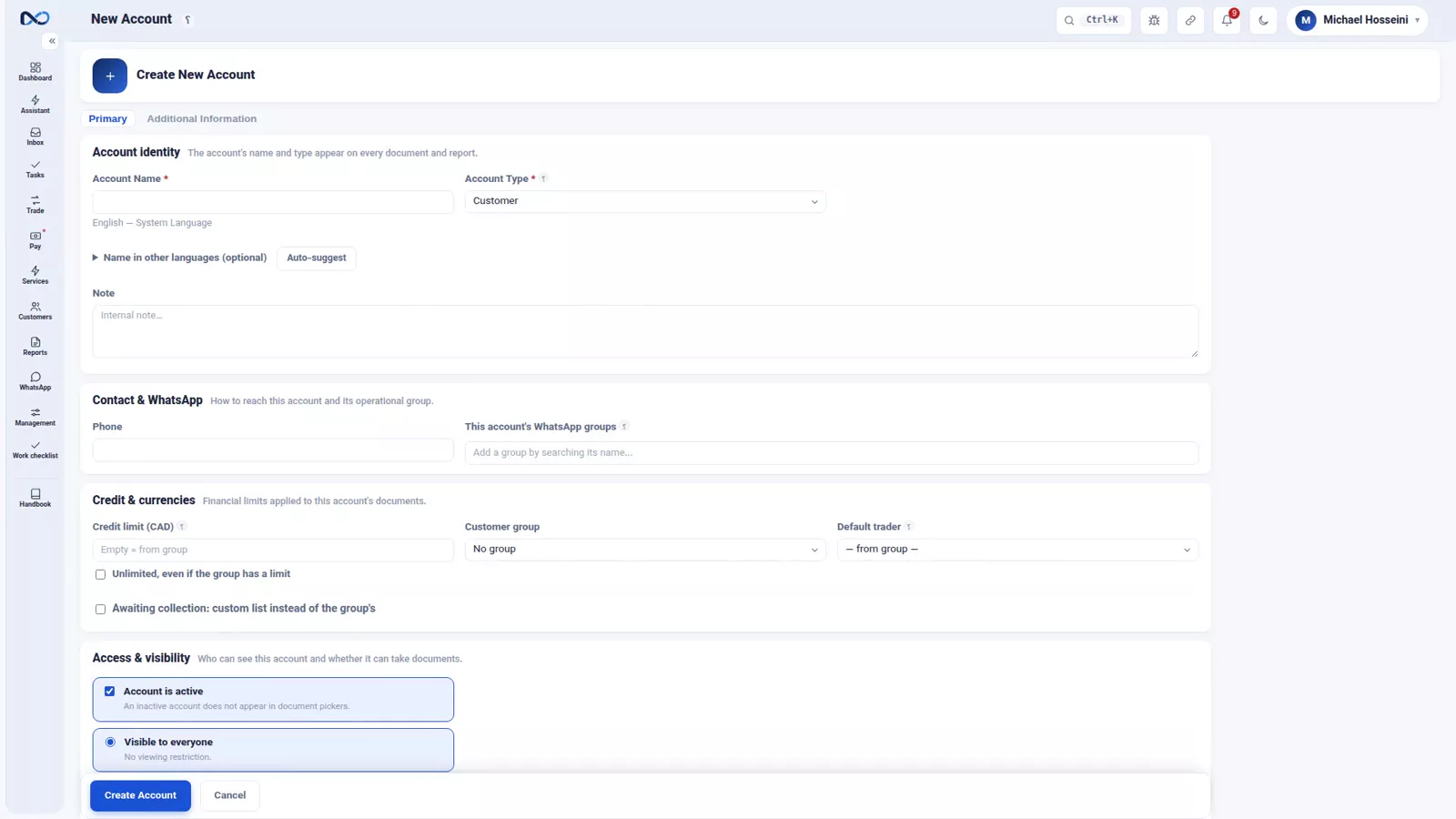 Nexto new account form with the account type options open, customer selected
