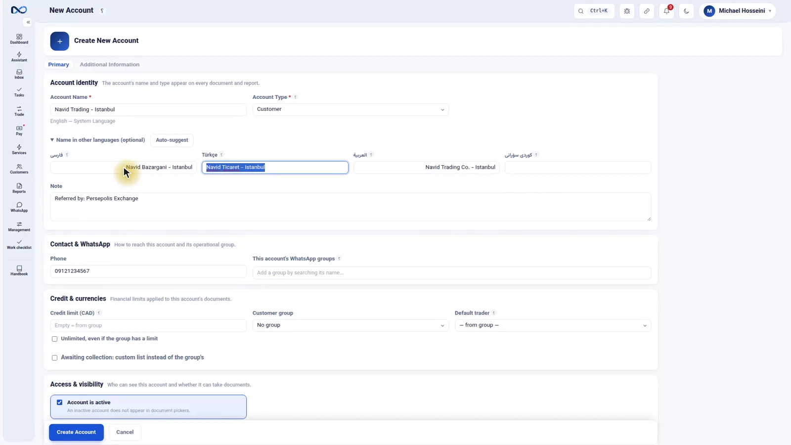 Nexto account form panel for the customer name in other languages, Turkish and Arabic filled in