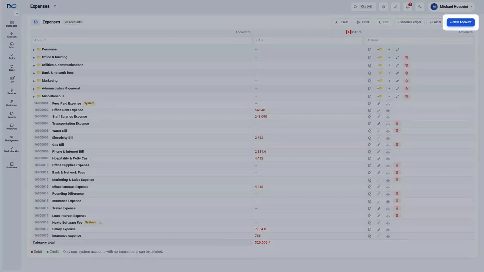 Nexto general ledger open on the expense category with the option to create a new account