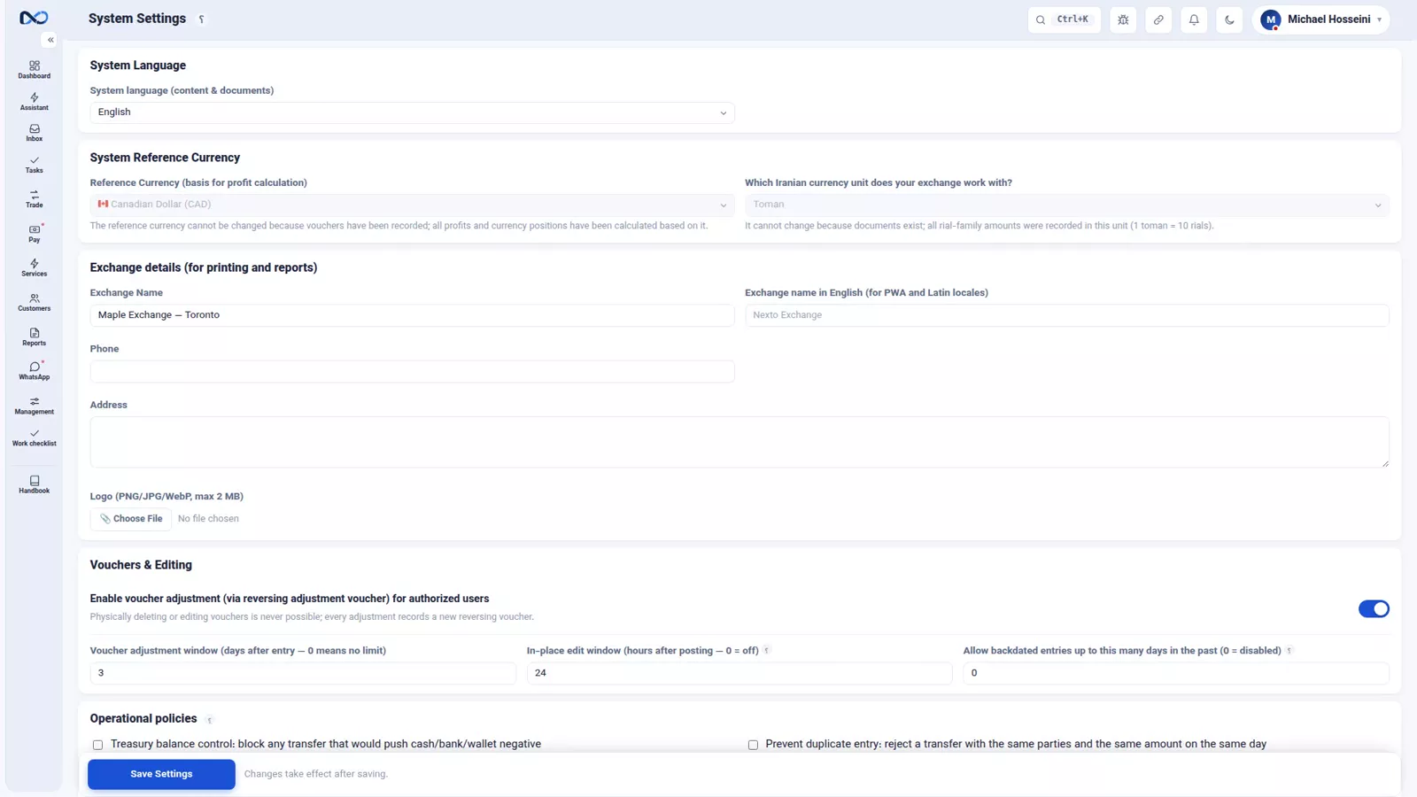 The Nexto settings page with the reference currency, currency unit, exchange details and guards