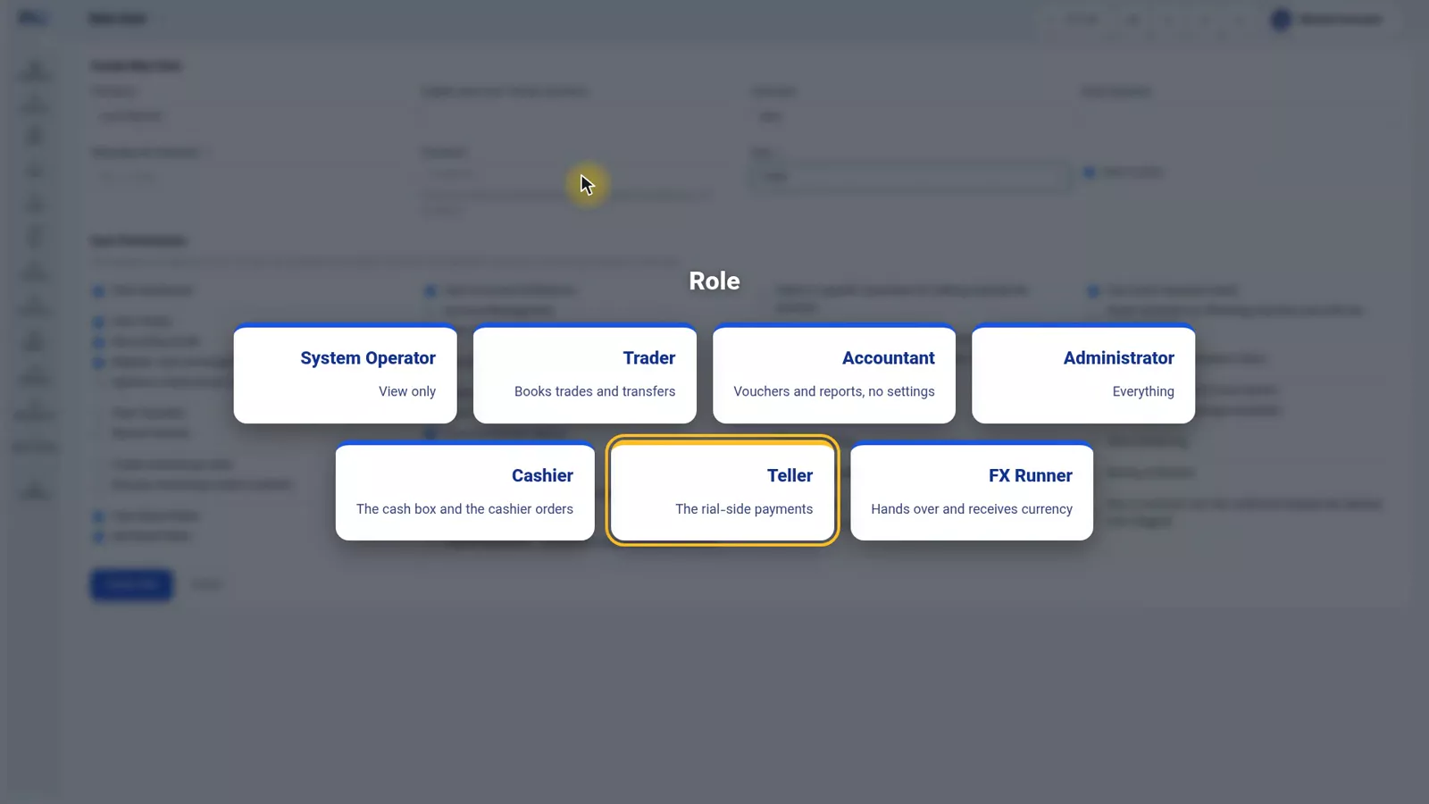 The Nexto new user form with name, username, password and the role selector open
