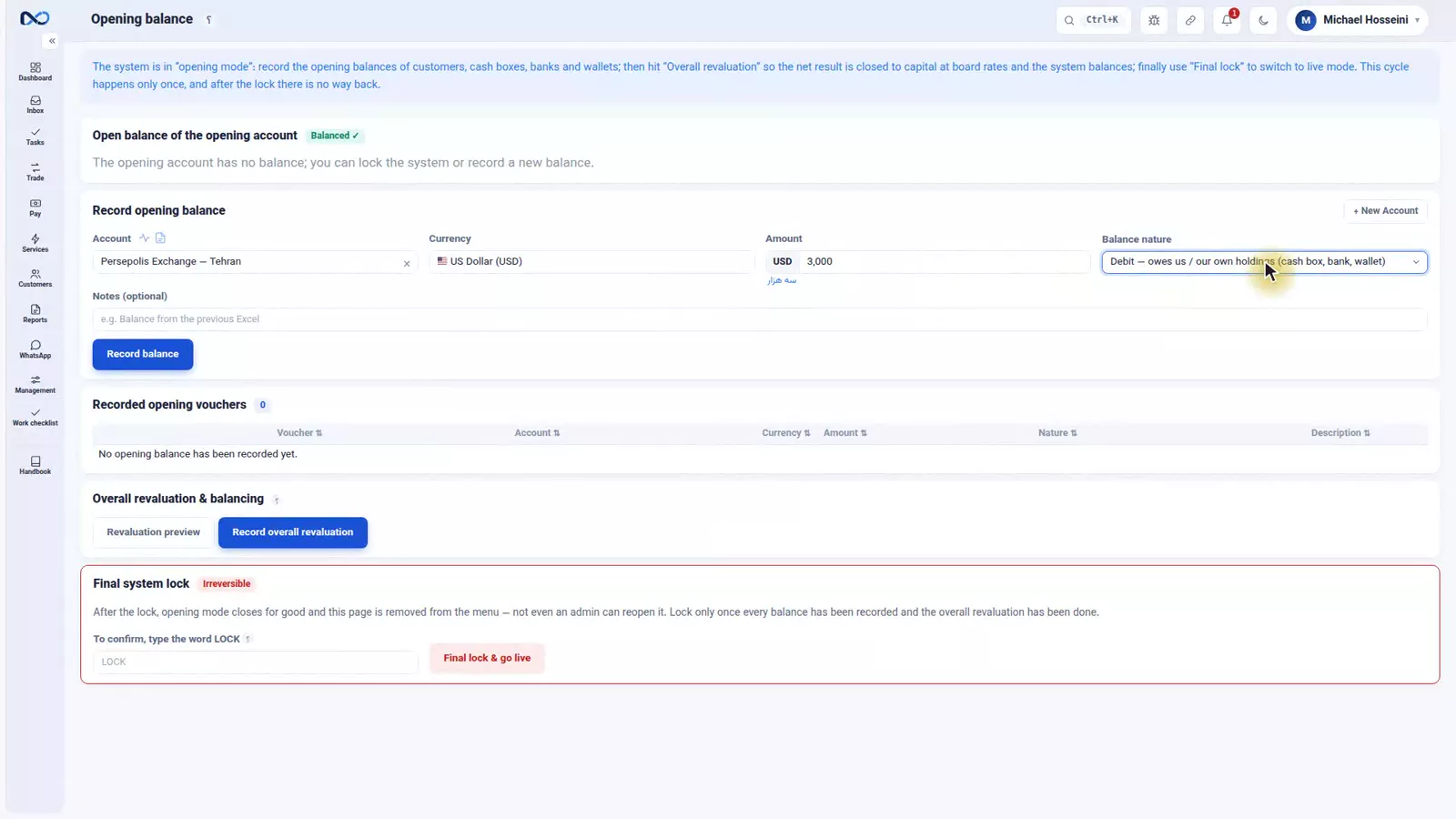 The Nexto opening balance form with the balance nature field open on debit and credit