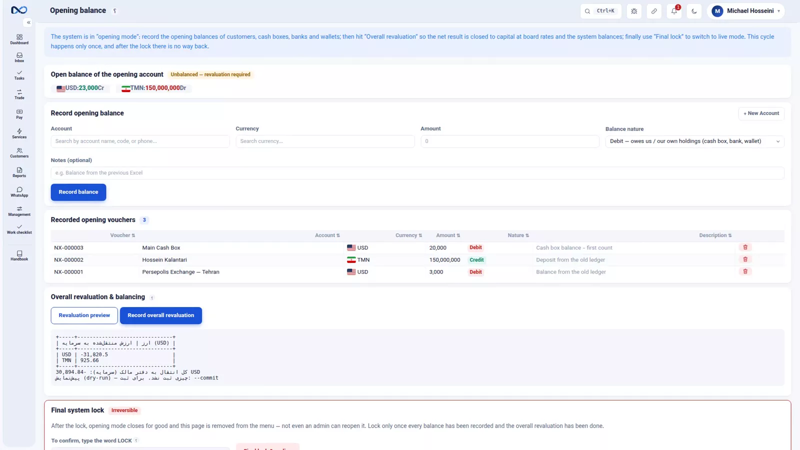 The Nexto opening page showing a preview of the overall revaluation voucher before posting
