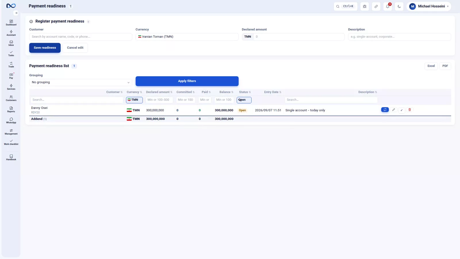 Recording a payment readiness in Nexto with account, currency, amount and a note