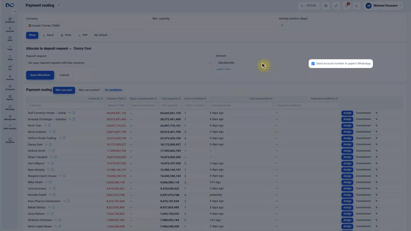 Allocating a deposit request to a payer in Nexto, with amount and WhatsApp tick