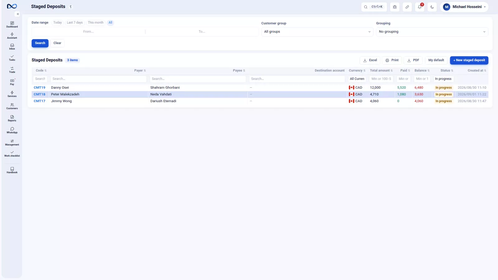 The payment commitment Nexto created from the allocation, showing payer, payee and destination account