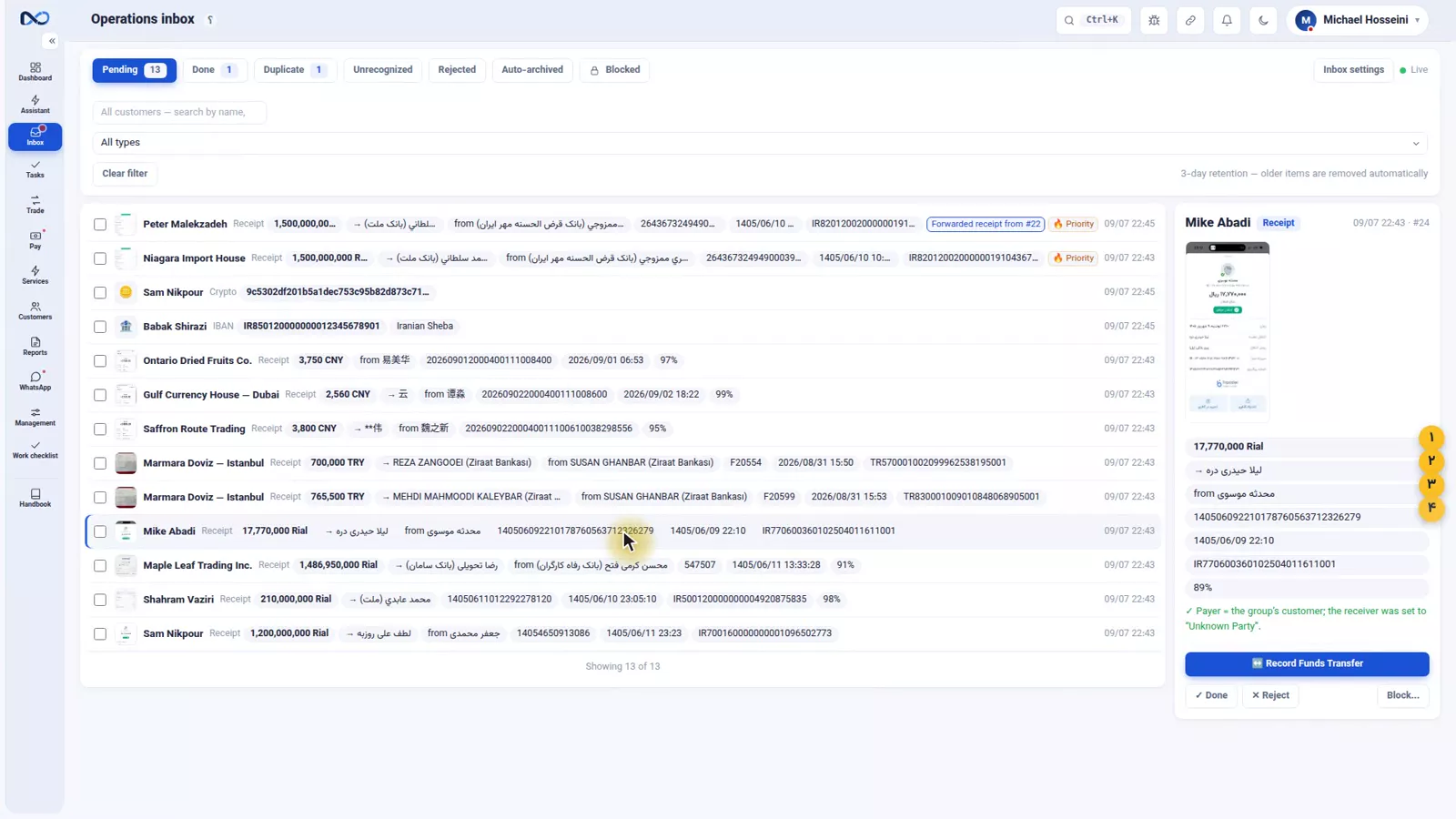The details of a receipt in the Nexto inbox with amount, bank, tracking code and confidence