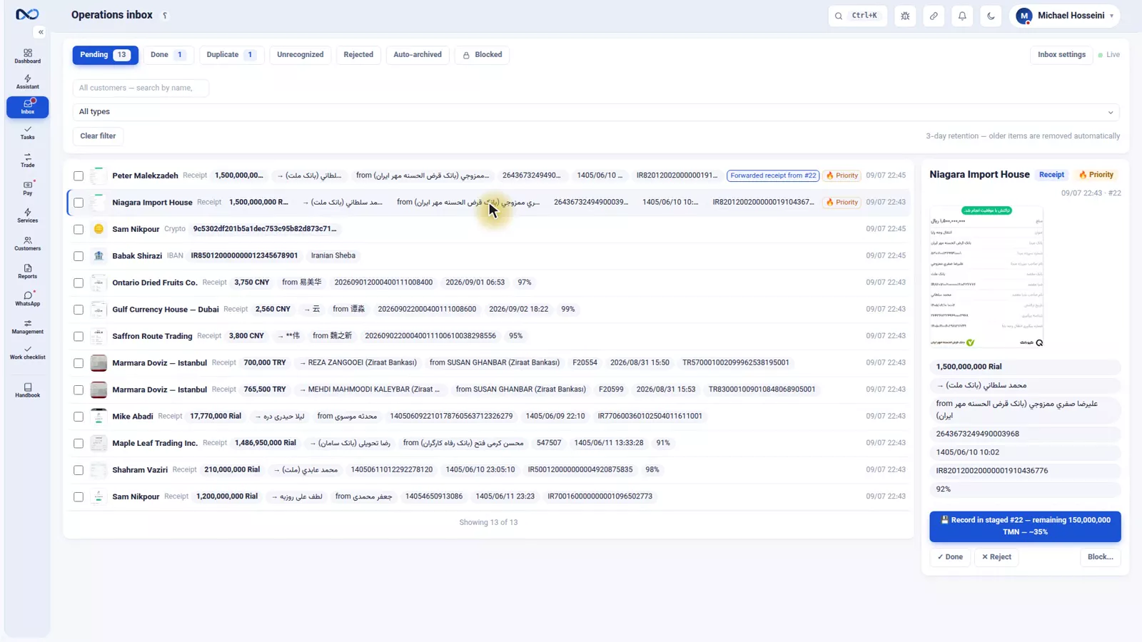 Suggested actions under a receipt in the Nexto inbox with the match confidence