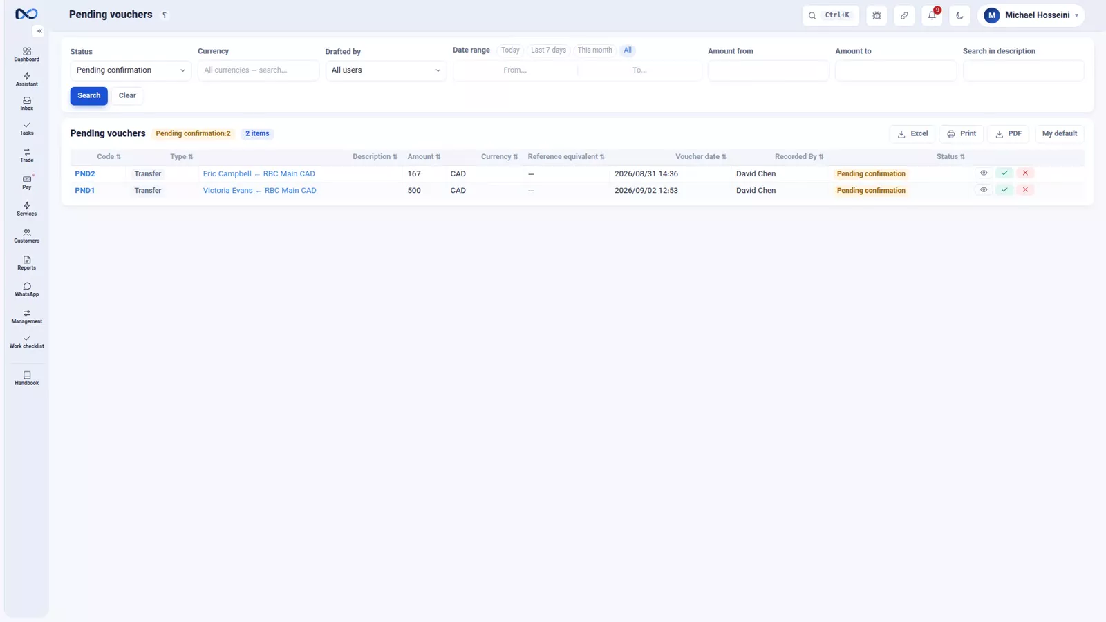 Nexto pending vouchers list with suspended transfers waiting for approval