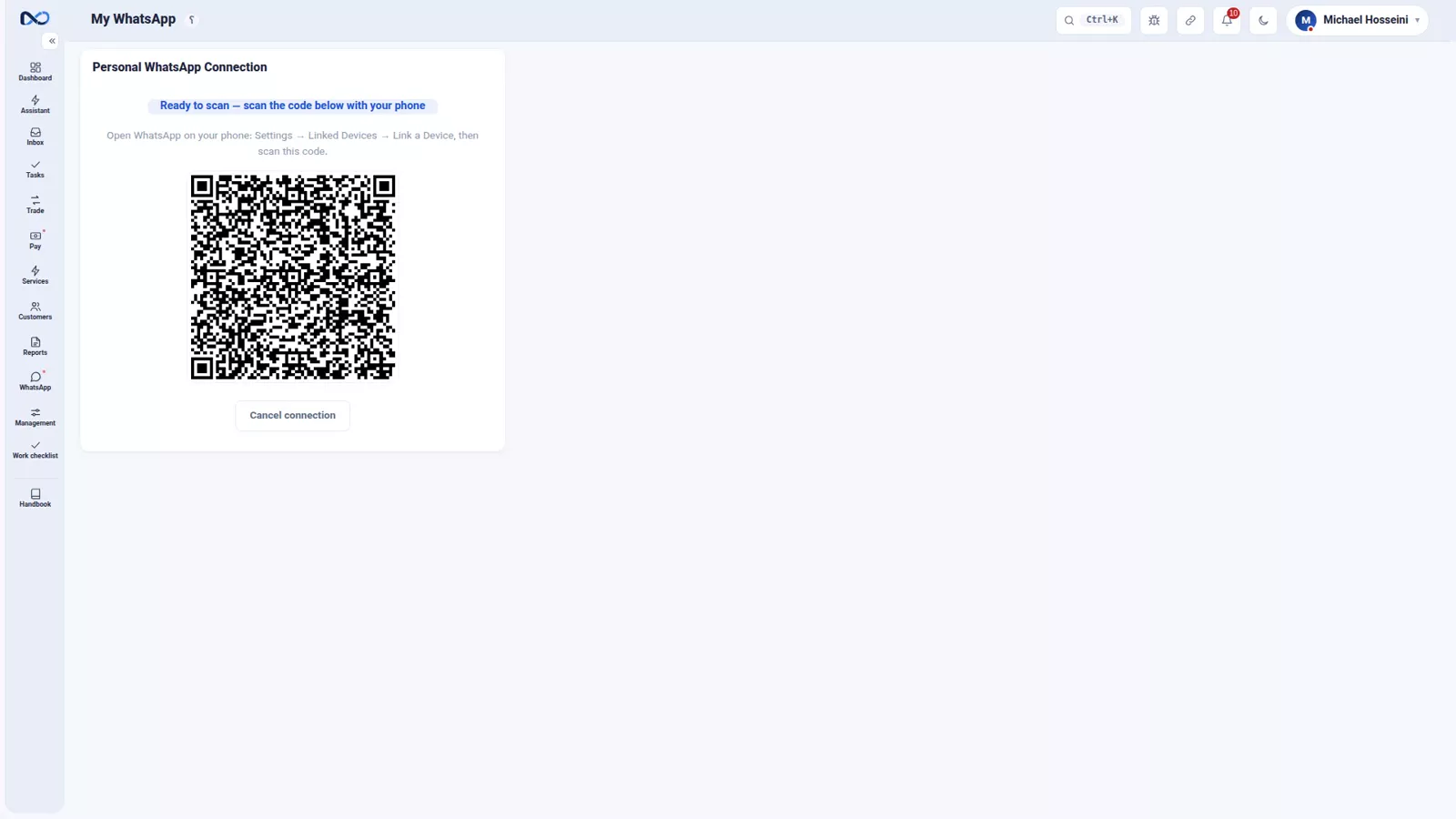 Nexto WhatsApp page showing the line status and a QR code to scan