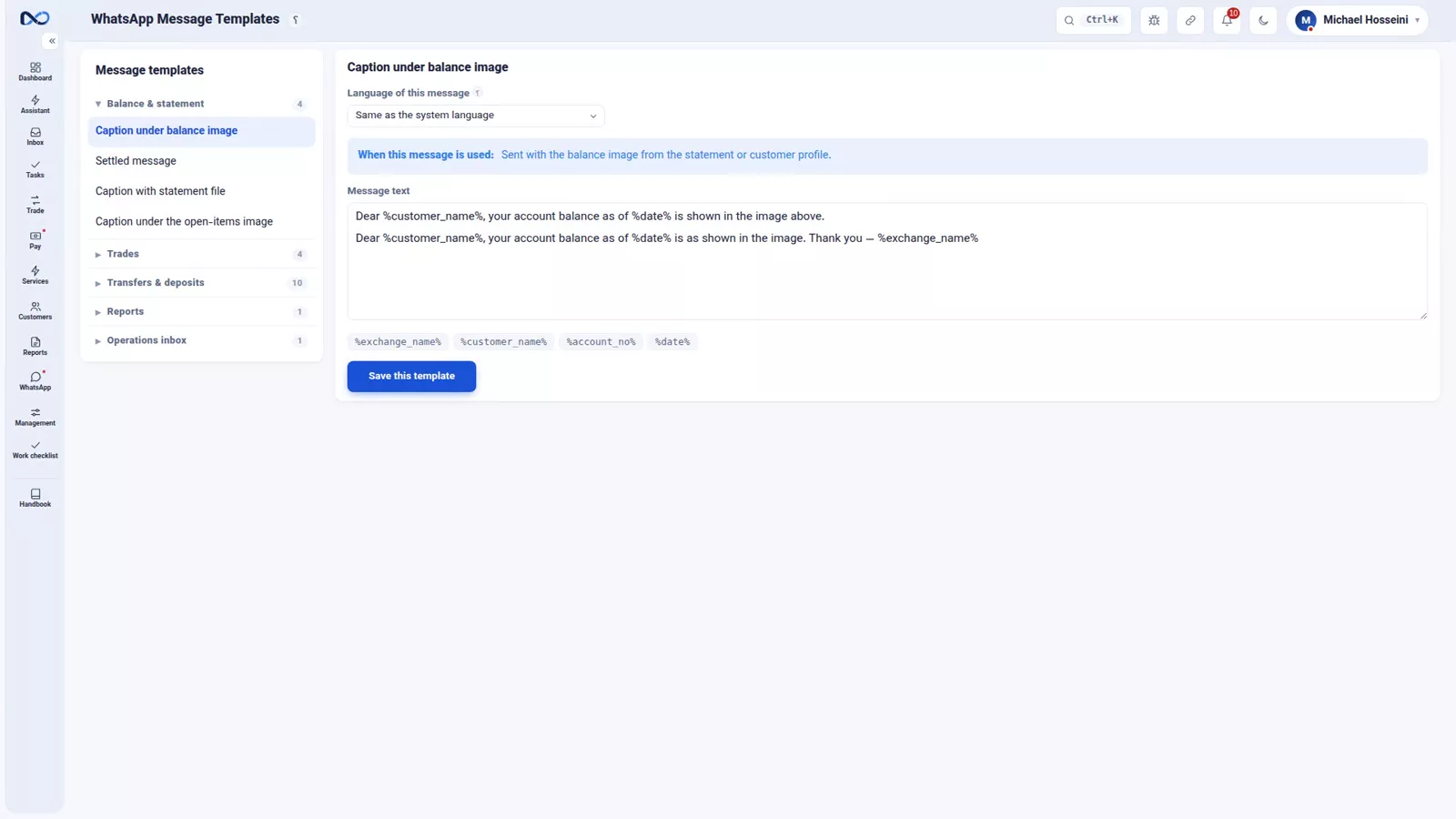 Nexto WhatsApp templates page listing the ready-made messages with their variables