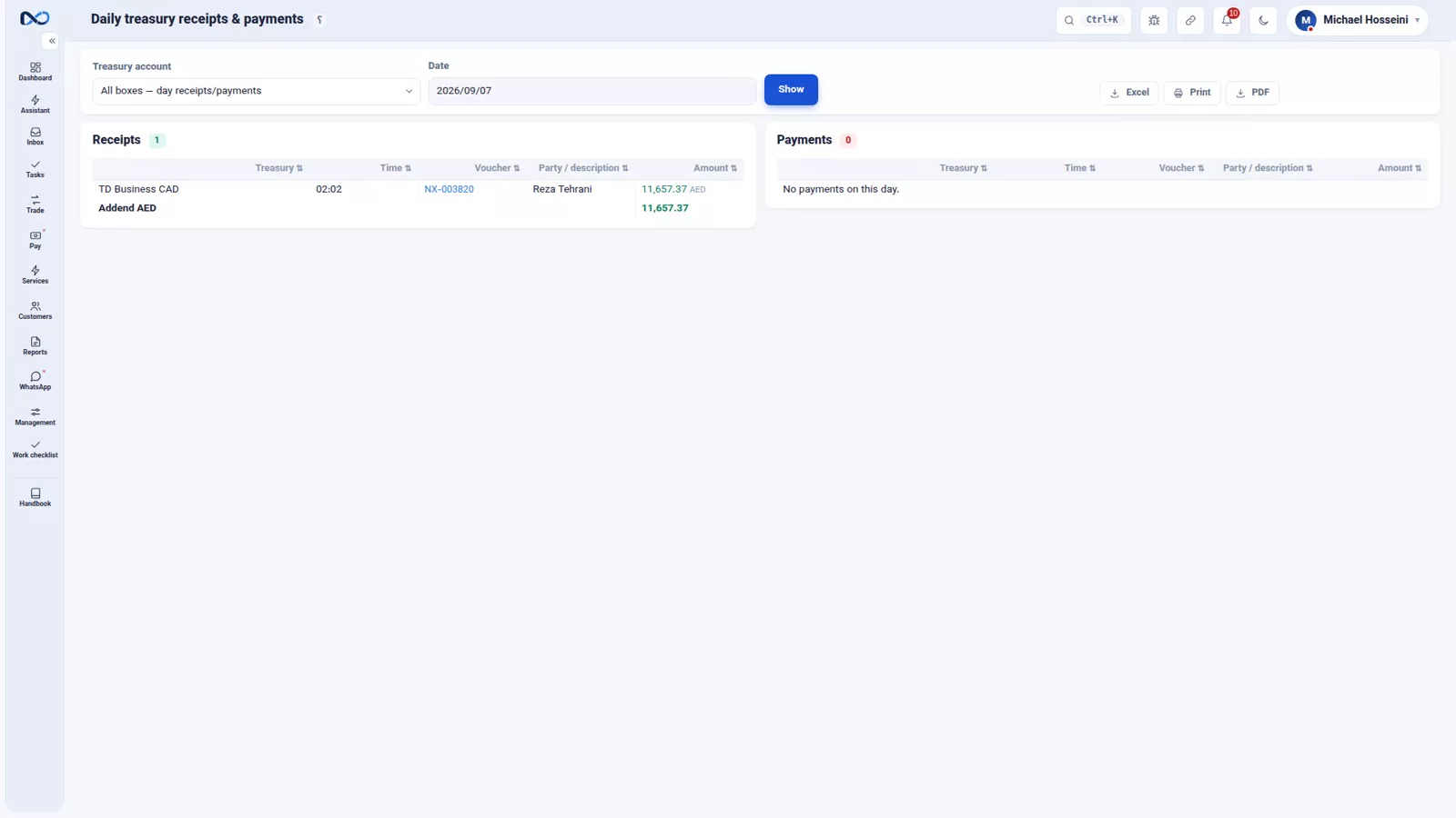 Nexto treasury report listing every cash box, bank account and wallet with the day's movements