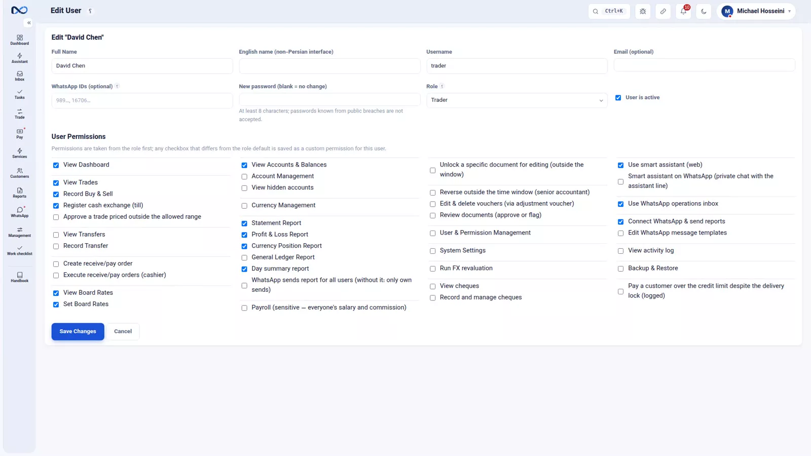 Nexto user edit page with the Profit and Loss Report permission being granted