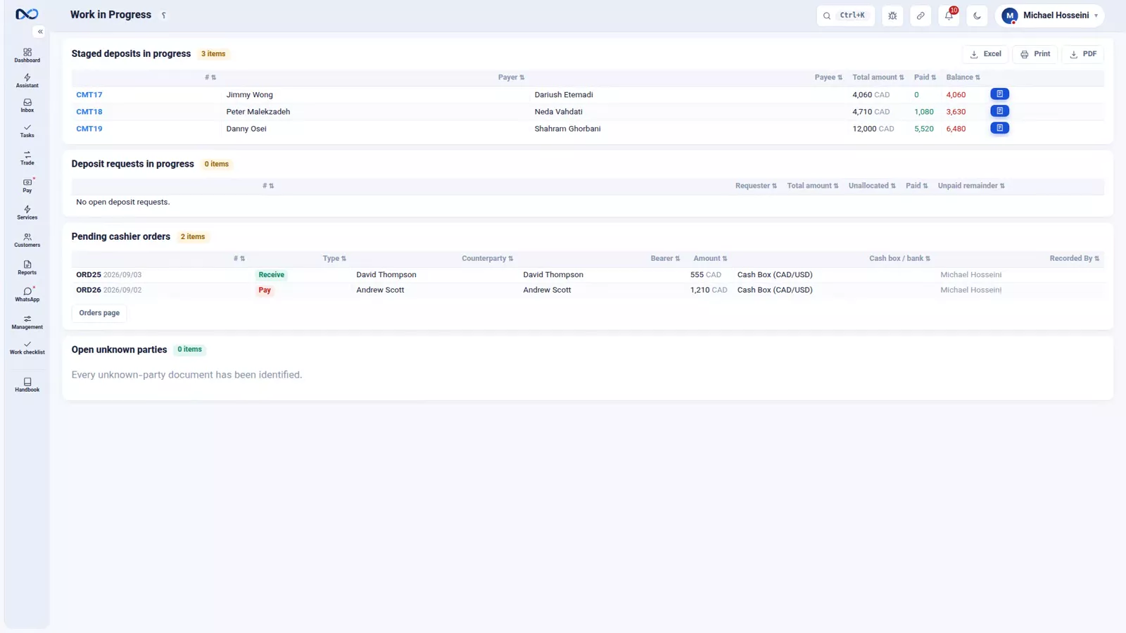 Nexto work in progress report listing staged deposits, deposit requests, cashier orders and unknown parties