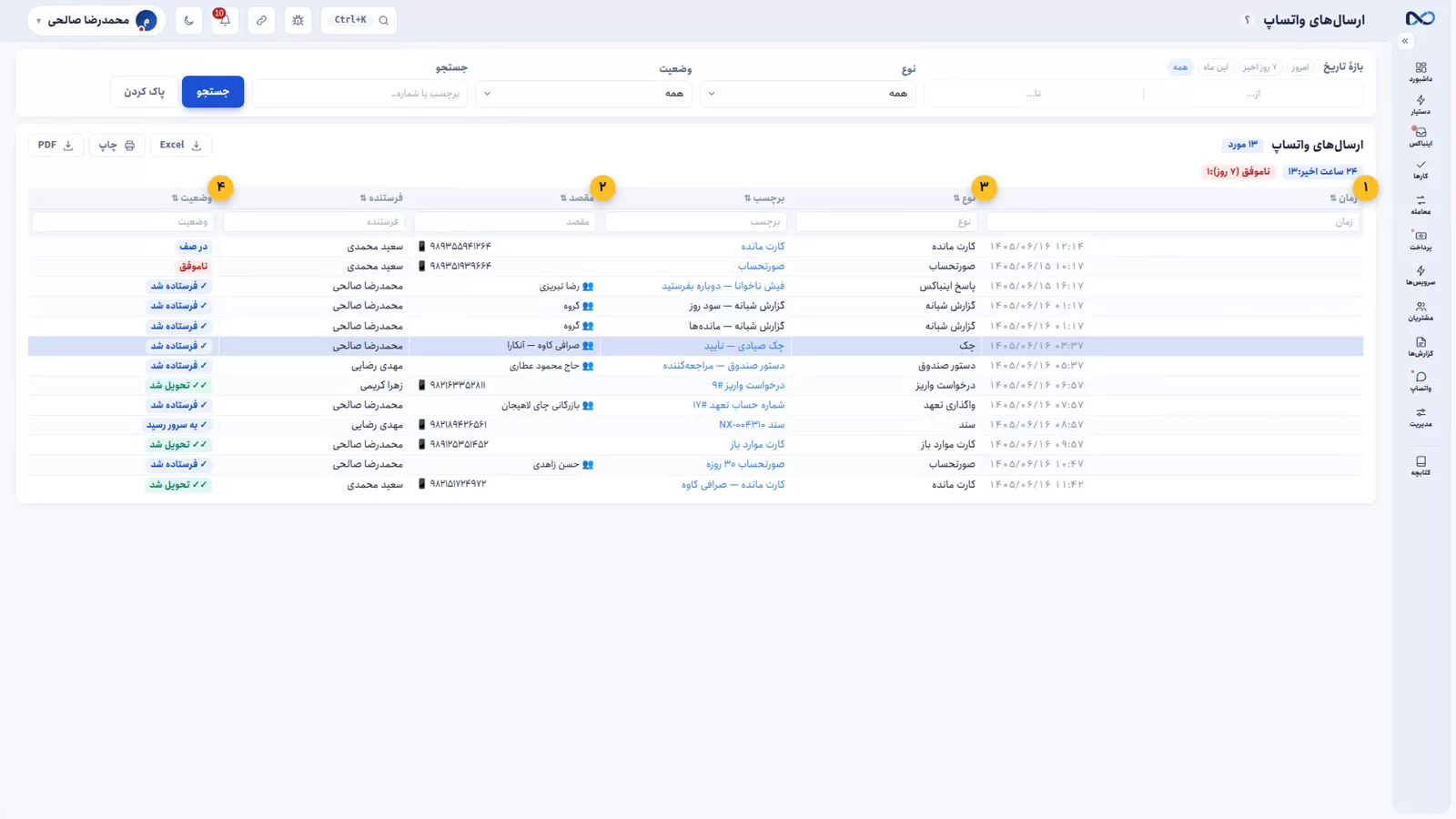 صف ارسال واتساپ در نکستو با نوع پیام، مقصد و وضعیت هر ارسال