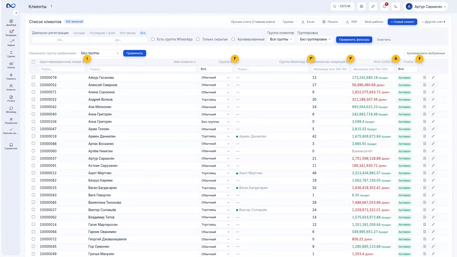 Список клиентов в Nexto со столбцами идентификационного номера, группы, количества сделок и остатка