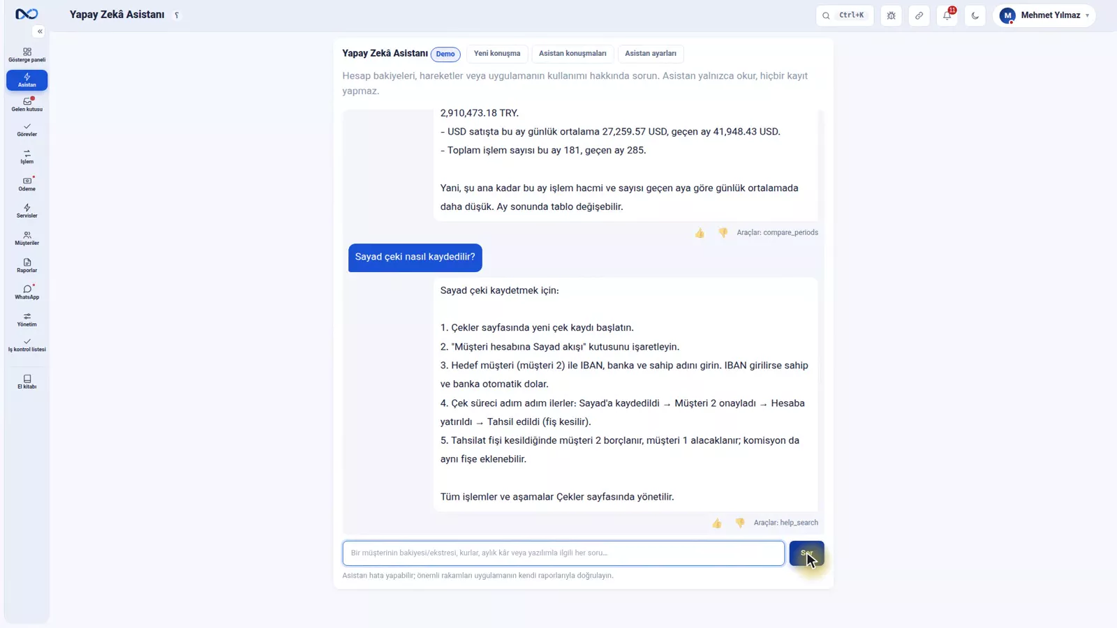 Saklanan konuşmaları, geri bildirimi ve her sorunun maliyetini gösteren Nexto asistan konuşmaları listesi