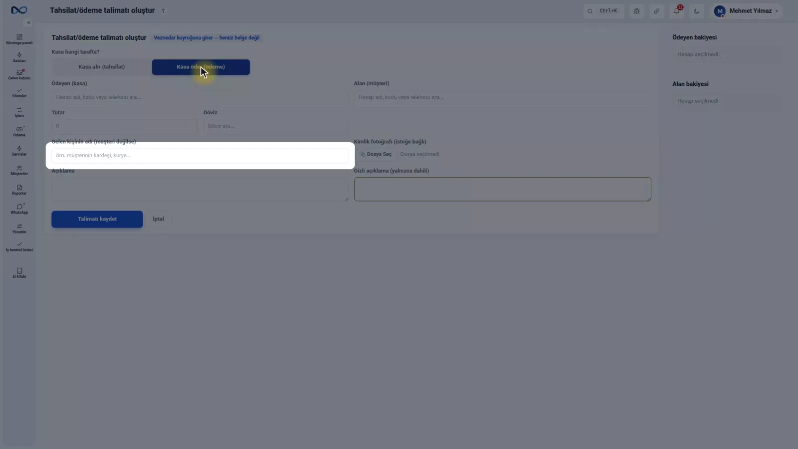 Yön, ödeyen, alıcı ile gelen kişinin adı ve kimlik alanlarını içeren Nexto kasa talimatı formu