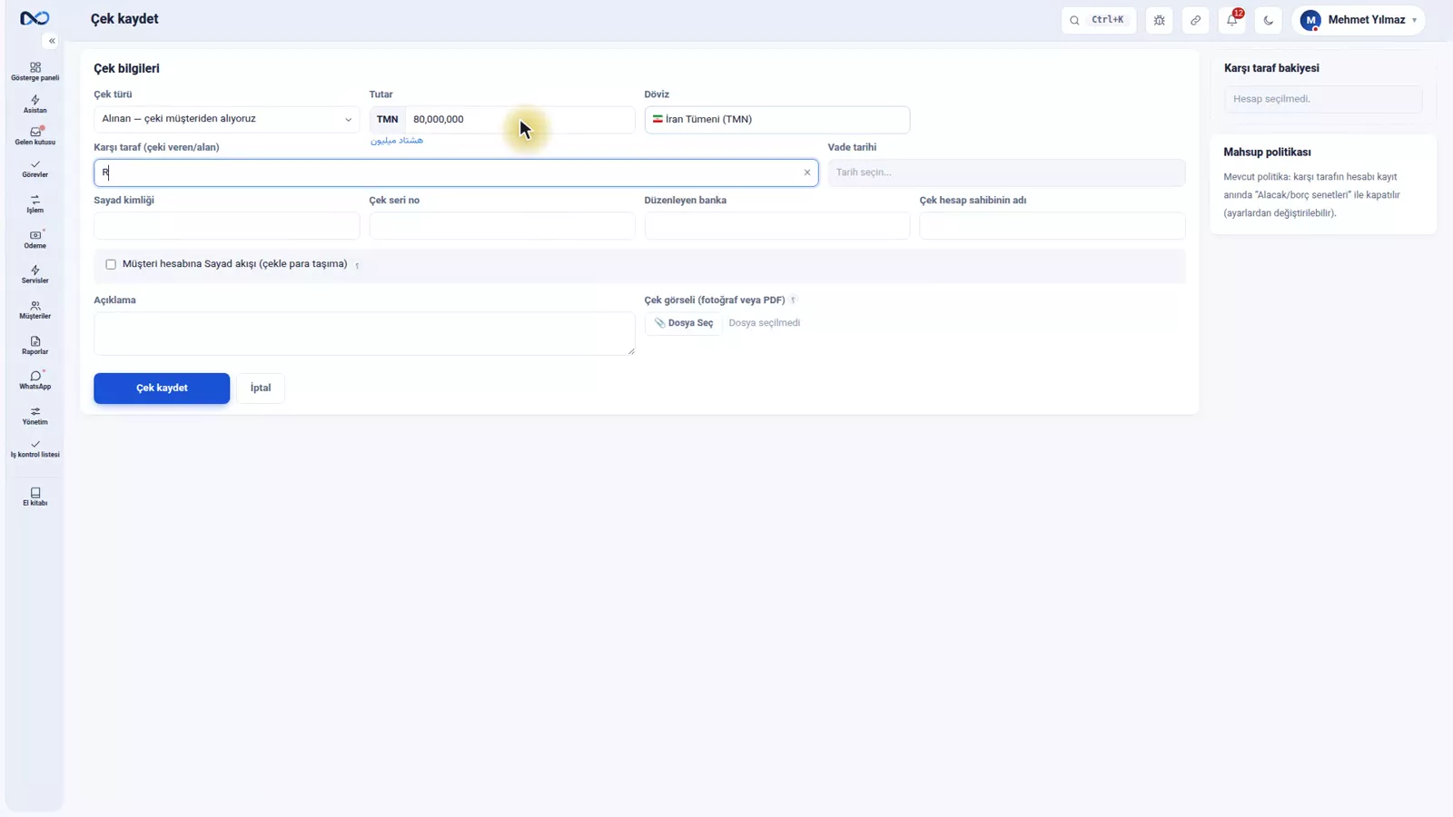 Nexto çek formunda tür alınan, tutar, muhatap ve vade tarihi dolu