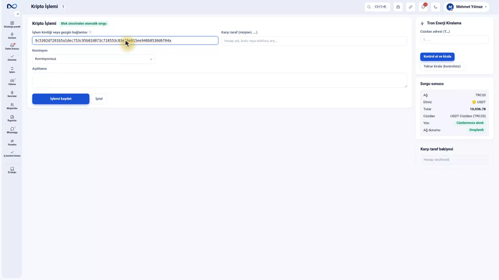 Nexto kripto işlem formu ve zincir üstü işlemin yapıştırıldığı hash alanı
