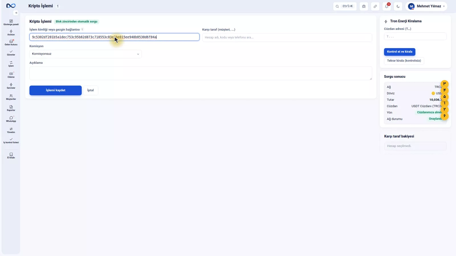 Nexto kripto sorgu sonucu; ağ, döviz, tutar, yön ve eşleşen USDT Cüzdanı