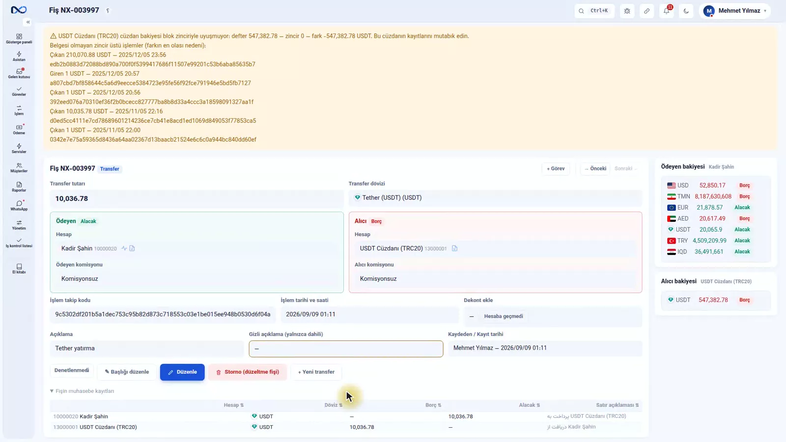 Nexto cüzdan mutabakat uyarısı; defter bakiyesini blok zinciri bakiyesiyle karşılaştırır ve eksik hash'leri listeler