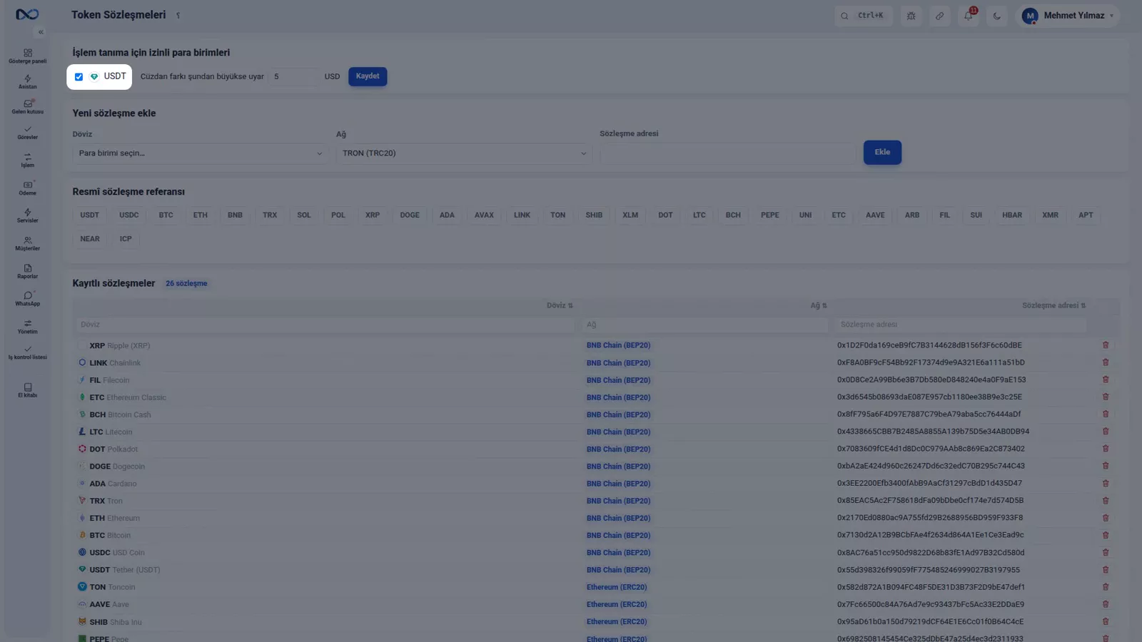 Nexto token sözleşmeleri sayfası; ağ başına resmî sözleşme adresleri ve etkin durumdaki Tether