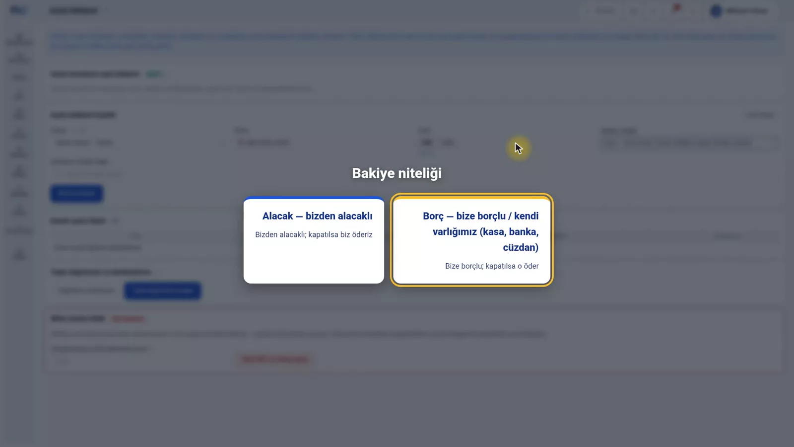 Bakiye niteliği alanı borç ve alacak seçenekleriyle açık hâlde Nexto açılış bakiyesi formu