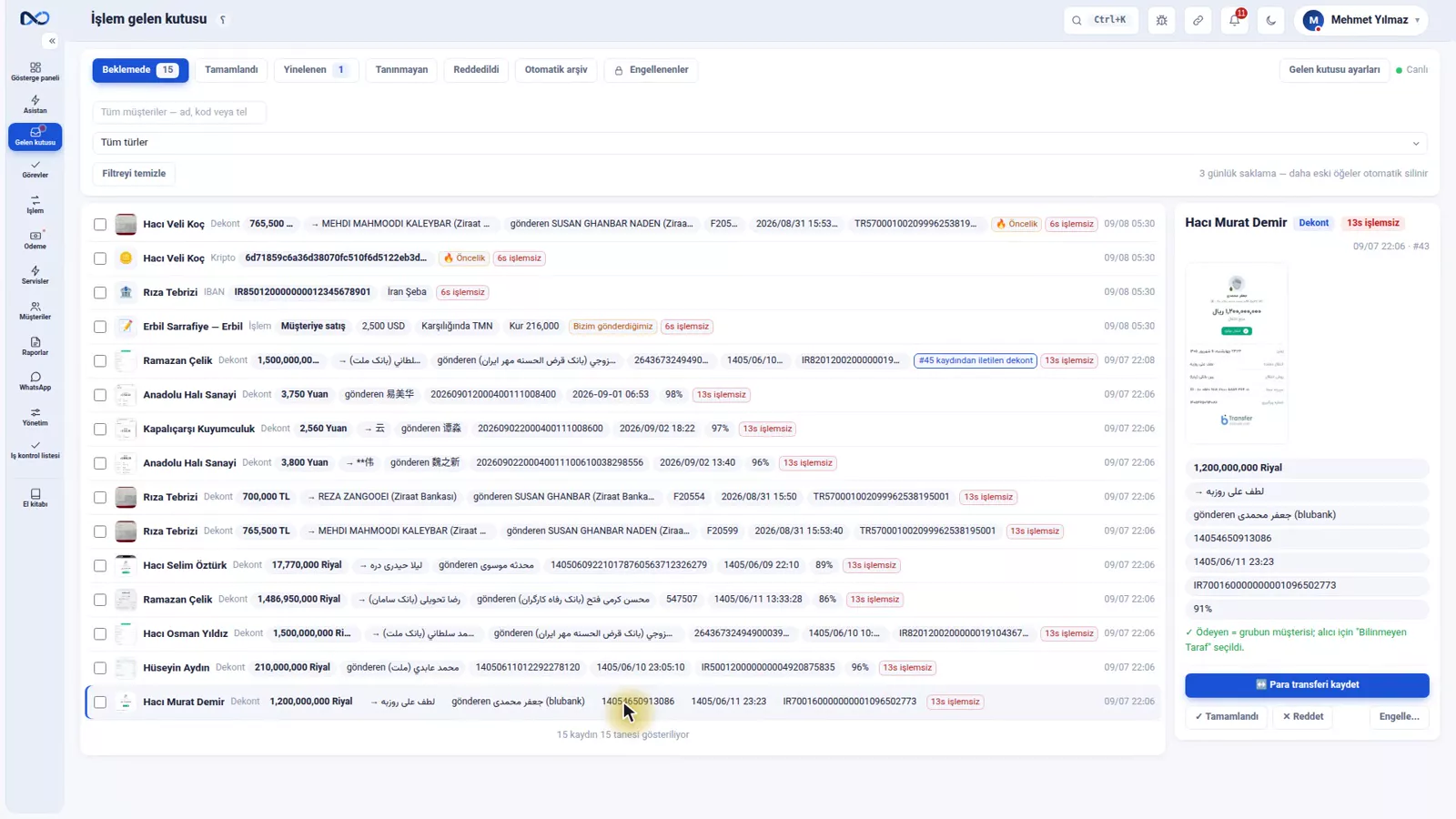 Nexto gelen kutusunda tutar, banka, takip numarası ve güven derecesiyle bir dekont ayrıntısı