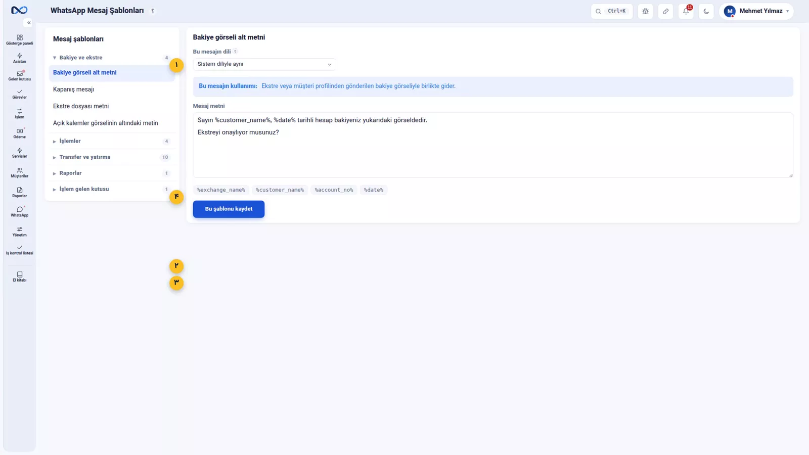 Nexto WhatsApp şablonları sayfası; hazır mesajlar ve değişkenleri